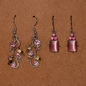 Pink Rhinestone & Gemstone Dangle Earrings Vintage Style Bundle